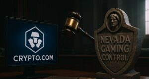 Photo-realistic courtroom scene depicting the Crypto.com Nevada lawsuit, with a gavel suspended between a Crypto.com logo and a Nevada Gaming Control emblem, symbolizing the legal clash over prediction markets.