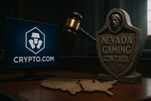 Crypto.com Lawsuit Heats Up Fight Over Who Controls Prediction Markets Photo-realistic courtroom scene depicting the Crypto.com Nevada lawsuit, with a gavel suspended between a Crypto.com logo and a Nevada Gaming Control emblem, symbolizing the legal clash over prediction markets.