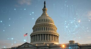 Photo-realistic image of the U.S. Capitol building with an American flag, overlaid with glowing blockchain nodes and circuit patterns, representing the national blockchain strategy under the Deploying American Blockchains Act of 2025.