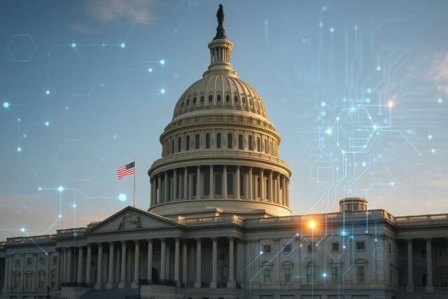 Deploying-American-Blockchains-Act Photo-realistic image of the U.S. Capitol building with an American flag, overlaid with glowing blockchain nodes and circuit patterns, representing the national blockchain strategy under the Deploying American Blockchains Act of 2025.