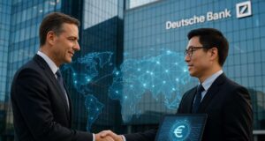 Photo-realistic illustration of two business professionals shaking hands outside Deutsche Bank headquarters, symbolizing a fintech partnership, with a digital euro stablecoin symbol and global payment network overlay, illustrating Deutsche Bank stablecoin collaboration with Ant International.