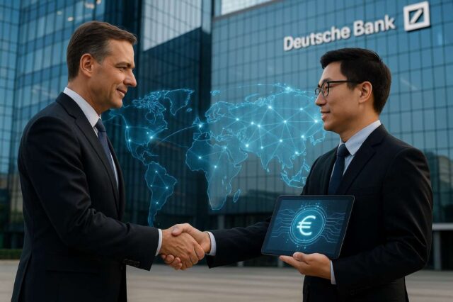 Photo-realistic illustration of two business professionals shaking hands outside Deutsche Bank headquarters, symbolizing a fintech partnership, with a digital euro stablecoin symbol and global payment network overlay, illustrating Deutsche Bank stablecoin collaboration with Ant International.