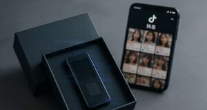 A tampered cold wallet device displayed in an open box next to a smartphone showing the Douyin shopping app, illustrating a Douyin cold wallet scam.