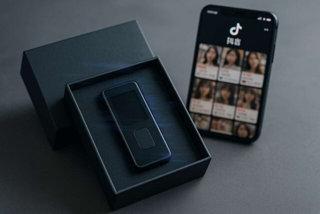 Fake Cold Wallet Bought on Douyin Costs Crypto Investor $6.9M A tampered cold wallet device displayed in an open box next to a smartphone showing the Douyin shopping app, illustrating a Douyin cold wallet scam.