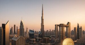 Digital illustration of Dubai’s DIFC skyline at sunset featuring the Burj Khalifa, with a small RLUSD stablecoin symbol in the lower right corner, representing crypto adoption.