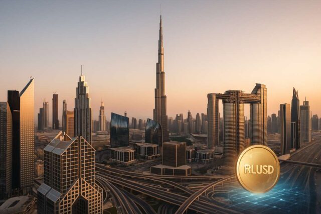 Dubai Approves Ripple’s RLUSD: Stablecoin to Power Real Estate and Finance in DIFC Digital illustration of Dubai’s DIFC skyline at sunset featuring the Burj Khalifa, with a small RLUSD stablecoin symbol in the lower right corner, representing crypto adoption.