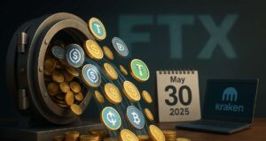 Open digital vault releasing USDC and USDT coins with Kraken terminal and May 30, 2025 calendar, symbolizing FTX stablecoin creditor payout.