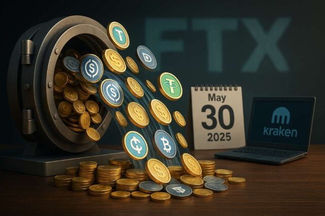 Open digital vault releasing USDC and USDT coins with Kraken terminal and May 30, 2025 calendar, symbolizing FTX stablecoin creditor payout.