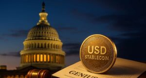A photo-realistic image of the U.S. Capitol at dusk, featuring a USD Stablecoin coin and a Genius Act document in the foreground. A gavel and regulatory checklist highlight the theme of crypto legislation, visually representing the Genius Act stablecoin regulation.