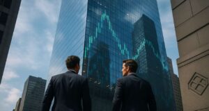 Photo-realistic image showing two suited businessmen resembling the Winklevoss twins walking toward a modern glass office tower in New York City, with reflections of digital financial charts on the building and subtle blockchain symbols etched into the architecture, symbolizing Gemini's IPO and crypto market legitimacy.