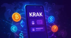 Digital illustration of the KRAK mobile app interface surrounded by cryptocurrency symbols (Bitcoin, Ethereum, USDC) and fiat currencies (€, $, £), with a glowing world map in the background and faded logos of PayPal and Cash App, representing global peer-to-peer payments and fintech disruption.