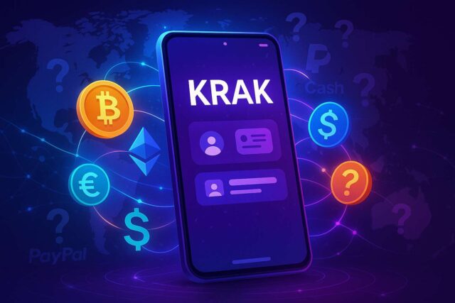 Digital illustration of the KRAK mobile app interface surrounded by cryptocurrency symbols (Bitcoin, Ethereum, USDC) and fiat currencies (€, $, £), with a glowing world map in the background and faded logos of PayPal and Cash App, representing global peer-to-peer payments and fintech disruption.