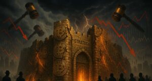 Digital illustration of a fortress made of stacked Bitcoin coins labeled "Strategy," under siege by legal gavels, stock chart crashes, and class action lawyers with subpoenas, symbolizing MicroStrategy's legal and financial pressure in June 2025.