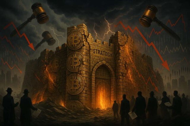 Bitcoin Maximalism on Trial: MicroStrategy Faces $6B Loss and Class Actions Digital illustration of a fortress made of stacked Bitcoin coins labeled "Strategy," under siege by legal gavels, stock chart crashes, and class action lawyers with subpoenas, symbolizing MicroStrategy's legal and financial pressure in June 2025.