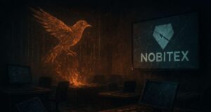 Photo-realistic illustration of an abandoned Nobitex crypto office after $90M hack, with broken monitors, scattered coins, and a fiery digital sparrow symbolizing Predatory Sparrow hackers, visualizing the Nobitex hack tied to the Israel-Iran cyber conflict.