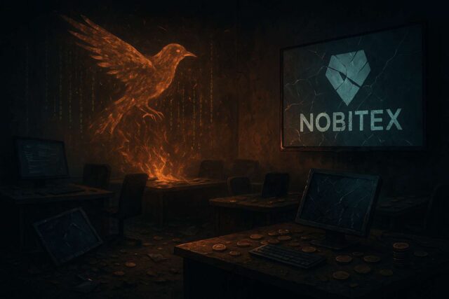 Crypto as a Weapon: Inside the $90M Hack of Iran’s Nobitex Exchange Photo-realistic illustration of an abandoned Nobitex crypto office after $90M hack, with broken monitors, scattered coins, and a fiery digital sparrow symbolizing Predatory Sparrow hackers, visualizing the Nobitex hack tied to the Israel-Iran cyber conflict.