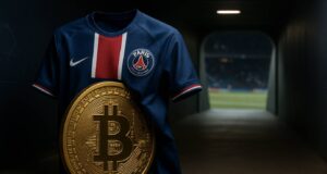 Paris Saint-Germain football jersey draped over a large golden Bitcoin coin in a stadium tunnel, symbolizing PSG Bitcoin treasury strategy.