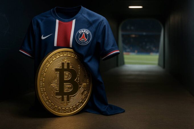 Paris Saint-Germain football jersey draped over a large golden Bitcoin coin in a stadium tunnel, symbolizing PSG Bitcoin treasury strategy.