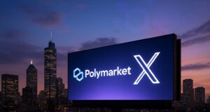 Billboard in a cityscape at dusk displaying Polymarket and X logos, symbolizing the Polymarket X partnership and its role in mainstreaming blockchain prediction markets.