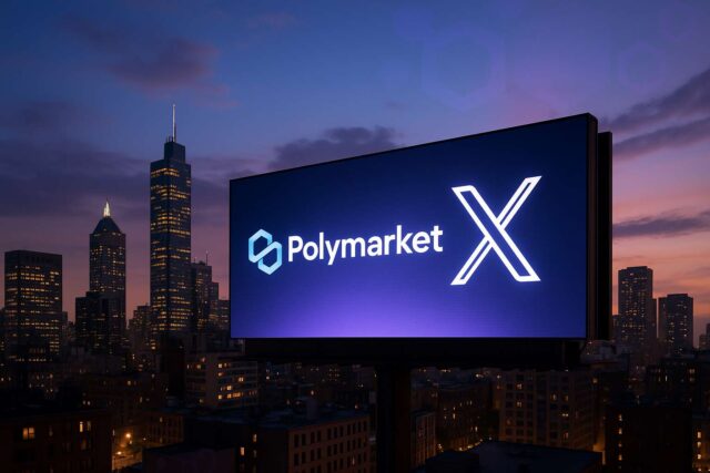 Polymarket Partners with X to Bring Decentralized Prediction Markets Mainstream — Boosting Polygon in the Process Billboard in a cityscape at dusk displaying Polymarket and X logos, symbolizing the Polymarket X partnership and its role in mainstreaming blockchain prediction markets.