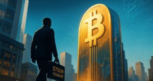 A digital illustration of Anthony Pompliano walking toward a towering Bitcoin-shaped skyscraper in a futuristic Wall Street setting, holding a briefcase labeled "$750M Treasury," with blockchain motifs and financial buildings in the background.