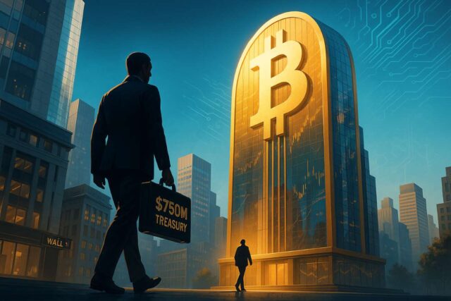 Bitcoin Gets Its Next Institutional Backer as Pompliano’s ProCap Debuts on Nasdaq A digital illustration of Anthony Pompliano walking toward a towering Bitcoin-shaped skyscraper in a futuristic Wall Street setting, holding a briefcase labeled "$750M Treasury," with blockchain motifs and financial buildings in the background.