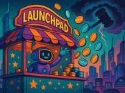 A vibrant digital illustration of a futuristic crypto carnival booth labeled "Launchpad," where a smiling robot tosses glowing PUMP tokens marked "420.69" into the air. In the background, a storm cloud shaped like a legal gavel looms over a neon-lit Solana-style cityscape, symbolizing Pump.fun's $1B token launch amid legal scrutiny.