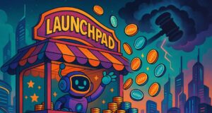 A vibrant digital illustration of a futuristic crypto carnival booth labeled "Launchpad," where a smiling robot tosses glowing PUMP tokens marked "420.69" into the air. In the background, a storm cloud shaped like a legal gavel looms over a neon-lit Solana-style cityscape, symbolizing Pump.fun's $1B token launch amid legal scrutiny.
