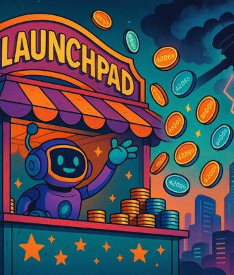 A vibrant digital illustration of a futuristic crypto carnival booth labeled "Launchpad," where a smiling robot tosses glowing PUMP tokens marked "420.69" into the air. In the background, a storm cloud shaped like a legal gavel looms over a neon-lit Solana-style cityscape, symbolizing Pump.fun's $1B token launch amid legal scrutiny.