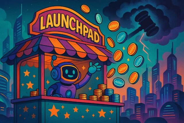 From Meme Chaos to Crypto Empire: Pump.fun Aims for $1B Raise with 420M Tokens and a $4B Vision A vibrant digital illustration of a futuristic crypto carnival booth labeled "Launchpad," where a smiling robot tosses glowing PUMP tokens marked "420.69" into the air. In the background, a storm cloud shaped like a legal gavel looms over a neon-lit Solana-style cityscape, symbolizing Pump.fun's $1B token launch amid legal scrutiny.