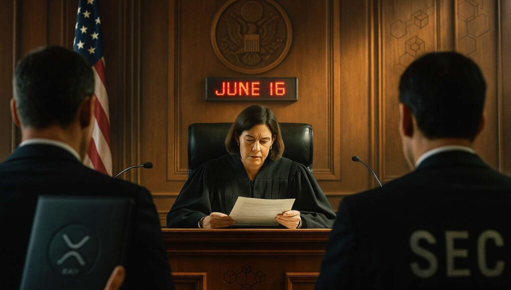A photo-realistic illustration of a courtroom scene representing the Ripple SEC lawsuit shows a female judge reading legal documents under a digital clock marked June 16, as silhouetted Ripple and SEC representatives face her. Subtle crypto symbols, including the XRP logo, appear in the setting, emphasizing the legal and financial-tech context.
