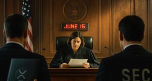 A photo-realistic illustration of a courtroom scene representing the Ripple SEC lawsuit shows a female judge reading legal documents under a digital clock marked June 16, as silhouetted Ripple and SEC representatives face her. Subtle crypto symbols, including the XRP logo, appear in the setting, emphasizing the legal and financial-tech context.