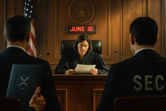 A photo-realistic illustration of a courtroom scene representing the Ripple SEC lawsuit shows a female judge reading legal documents under a digital clock marked June 16, as silhouetted Ripple and SEC representatives face her. Subtle crypto symbols, including the XRP logo, appear in the setting, emphasizing the legal and financial-tech context.