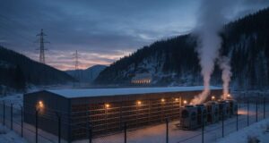 A photo-realistic image of a large industrial Bitcoin mining facility in Russia in a snowy Siberian landscape. Rows of mining rigs glow faintly behind a steel-mesh security fence, with plumes of vapor rising from the cooling units. In the distance, power lines stretch toward a hydroelectric plant framed by pine-covered hills and twilight skies. The atmosphere conveys regulated industrial scale and cold efficiency.