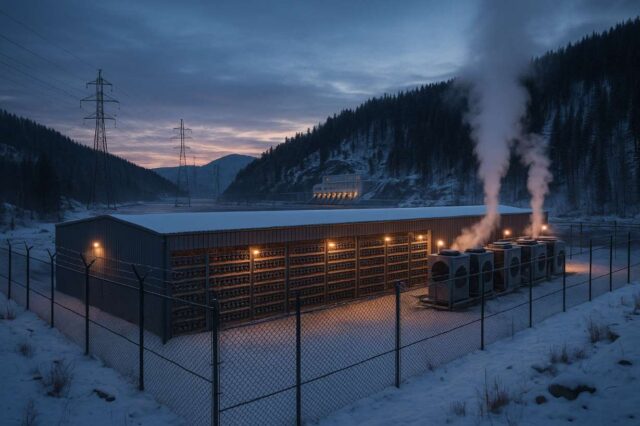 A photo-realistic image of a large industrial Bitcoin mining facility in Russia in a snowy Siberian landscape. Rows of mining rigs glow faintly behind a steel-mesh security fence, with plumes of vapor rising from the cooling units. In the distance, power lines stretch toward a hydroelectric plant framed by pine-covered hills and twilight skies. The atmosphere conveys regulated industrial scale and cold efficiency.