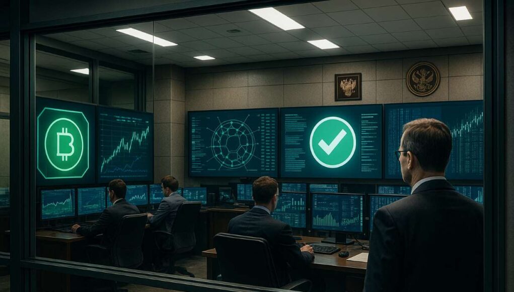 A photo-realistic image of a secure fintech operations room in a Russian government building, showing blockchain dashboards and a suited executive observing tokenized asset controls, representing Russia crypto platforms under state supervision.