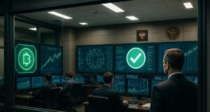 A photo-realistic image of a secure fintech operations room in a Russian government building, showing blockchain dashboards and a suited executive observing tokenized asset controls, representing Russia crypto platforms under state supervision.
