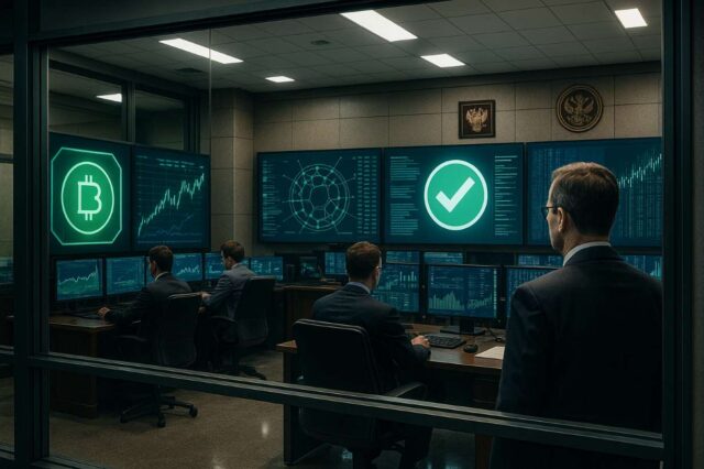 Public Tools, State Hands: Russia’s Quasi-Governmental Crypto Platforms A photo-realistic image of a secure fintech operations room in a Russian government building, showing blockchain dashboards and a suited executive observing tokenized asset controls, representing Russia crypto platforms under state supervision.