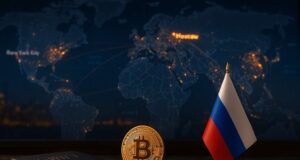 A photo-realistic image showing a glowing digital map with Moscow illuminated and data streams linking it to BRICS nations. In the foreground, a gold Bitcoin coin and Russian flag sit beside a closed SWIFT terminal, symbolizing Russia’s emerging crypto economy and financial decoupling.