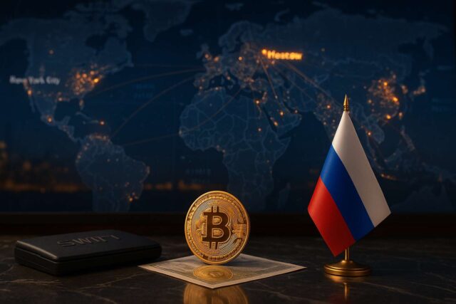 A photo-realistic image showing a glowing digital map with Moscow illuminated and data streams linking it to BRICS nations. In the foreground, a gold Bitcoin coin and Russian flag sit beside a closed SWIFT terminal, symbolizing Russia’s emerging crypto economy and financial decoupling.
