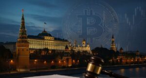 Photo-realistic illustration of the Kremlin at dusk with a Bitcoin symbol and legal gavel in the foreground, illustrating Russia’s evolving crypto policy and regulatory shift.