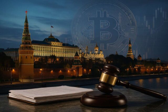 From Resistance to Regulation: How Russia’s Crypto Policy Transformed Photo-realistic illustration of the Kremlin at dusk with a Bitcoin symbol and legal gavel in the foreground, illustrating Russia’s evolving crypto policy and regulatory shift.