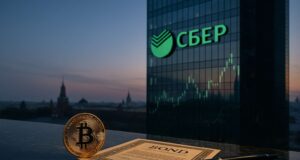 Photo-realistic illustration of a Bitcoin coin, bond certificate, and fountain pen on a marble desk at sunset, with Sberbank’s glass tower reflecting financial charts and the Kremlin in the background—symbolizing institutional crypto adoption in Russia.