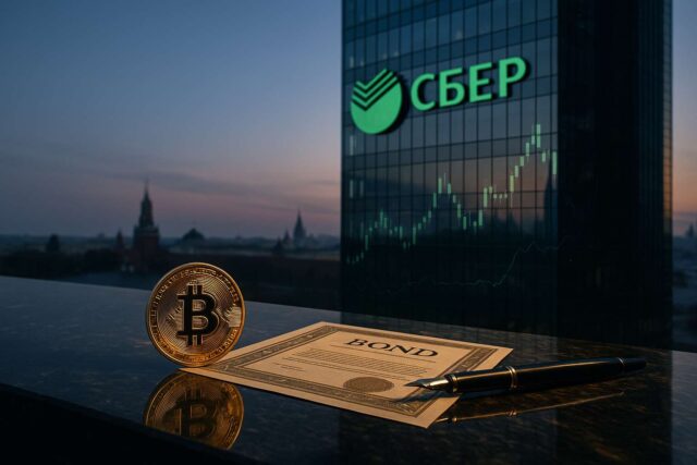 Photo-realistic illustration of a Bitcoin coin, bond certificate, and fountain pen on a marble desk at sunset, with Sberbank’s glass tower reflecting financial charts and the Kremlin in the background—symbolizing institutional crypto adoption in Russia.