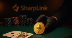 A gold Ethereum coin is pushed forward on a green poker table by a gloved hand, flanked by playing cards and stacked chips, with the SharpLink logo subtly visible in the background; symbolizing SharpLink’s $1B Ethereum treasury move.
