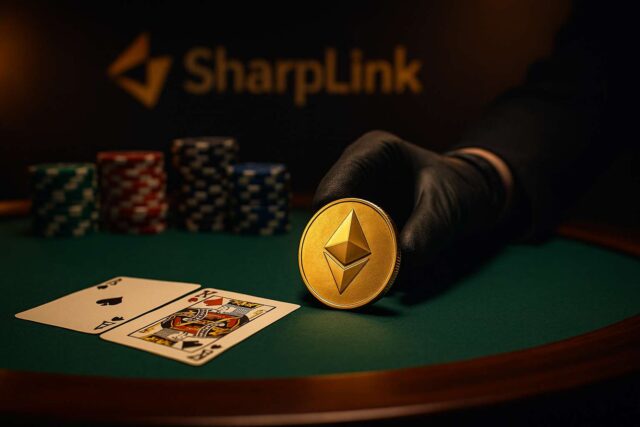 A gold Ethereum coin is pushed forward on a green poker table by a gloved hand, flanked by playing cards and stacked chips, with the SharpLink logo subtly visible in the background; symbolizing SharpLink’s $1B Ethereum treasury move.