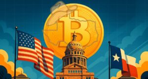 Illustration of the Texas State Capitol with a large golden Bitcoin symbol rising behind it, flanked by waving U.S. and Texas flags, symbolizing the launch of Texas’s $10M public Bitcoin reserve.