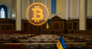 A photo-realistic 3:2 image of Ukraine’s parliamentary chamber with a Ukrainian flag, official legislative document, and a glowing Bitcoin symbol above the speaker’s podium, illustrating the Ukraine Bitcoin reserve bill proposal.