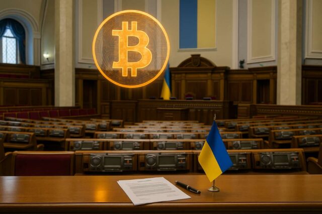 A photo-realistic 3:2 image of Ukraine’s parliamentary chamber with a Ukrainian flag, official legislative document, and a glowing Bitcoin symbol above the speaker’s podium, illustrating the Ukraine Bitcoin reserve bill proposal.