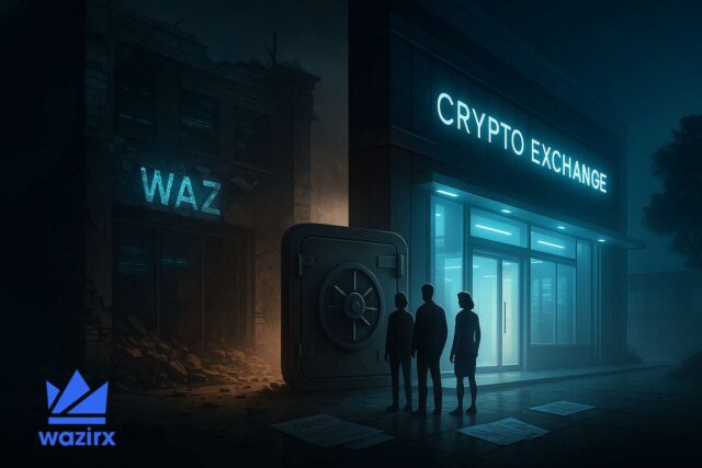 WazirX’s Rebrand to Zensui Raises Eyebrows as User Access Remains Frozen Digital illustration symbolizing the WazirX rebrand to Zensui, showing a split scene with a crumbling exchange on one side and a modern crypto exchange on the other. Three silhouetted users stand in front of a locked vault door, representing frozen accounts amid legal delays.